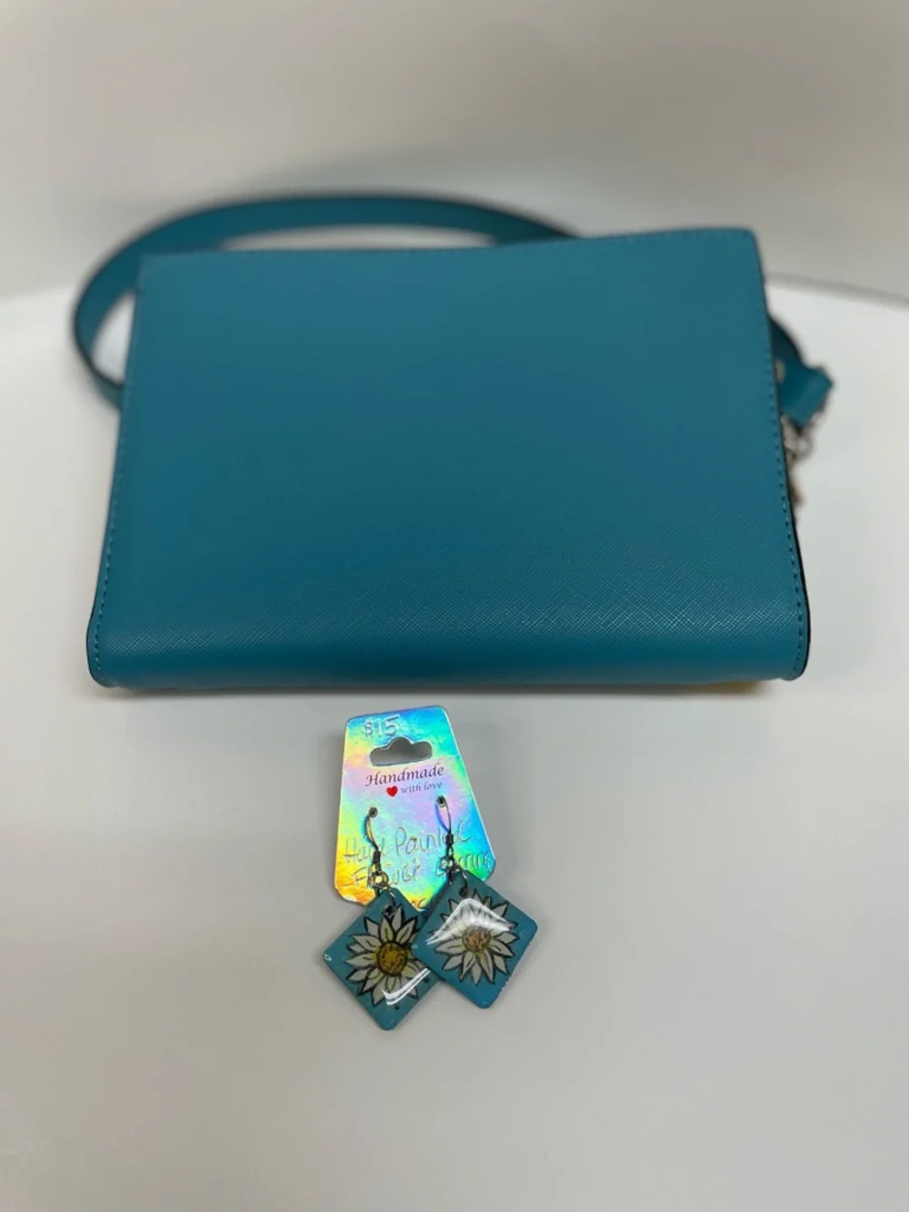 Steve Madden Teal Crossbody with Hand-Painted Sunflower & Earrings - Picture 2 of 7